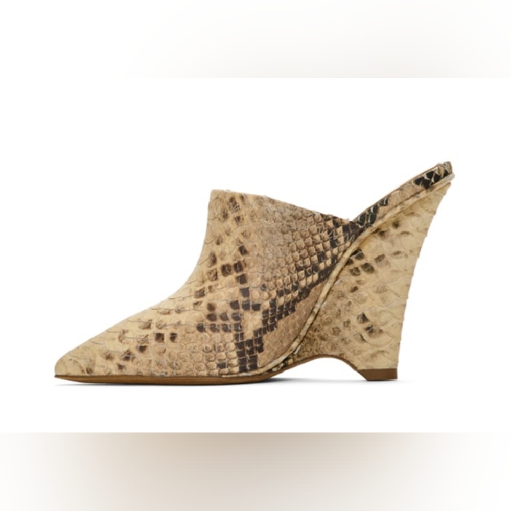 Yeezy Snake-Print Pointed Toe Wedge Mules in Beige and Brown